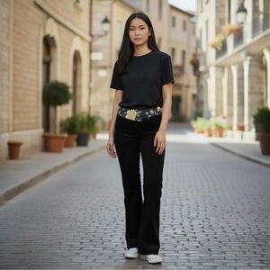 Vintage Y2K Floral Embroidery Flare High Waist Rise Thin Cord Boot Flowers Black